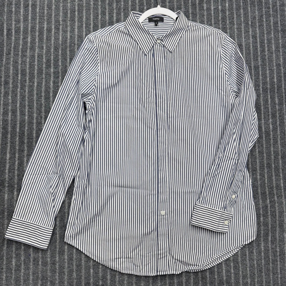 Theory Womens Hartman Stripe Button Down Shirt XL Navy White Cotton Essential